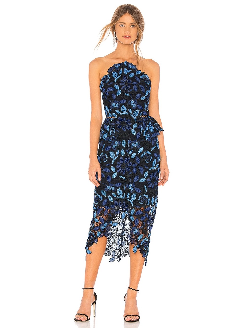 ELLIATT Times Dress M Blue Black Floral Lace One Shoulder Midi $279